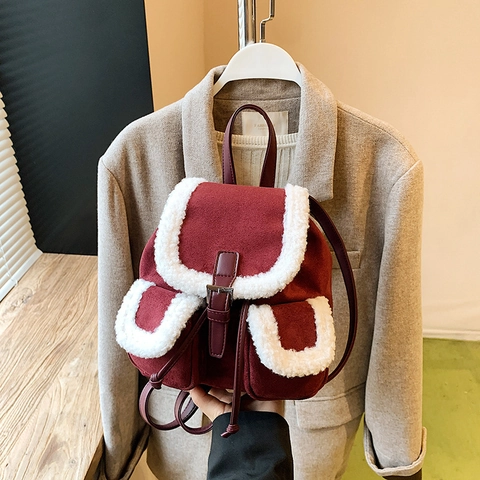Zaino Mini Da Donna In Pelle Scamosciata Con Bordo In Lana D'Agnello Vintage Inverno Coulisse Patta Fibbia