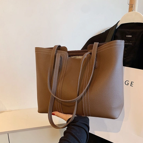 Tote Bag PU Leder Litschi Maserung Kontrast Weißer Naht Große Kapazität Reißverschluss Pendler Trendige Minimalistisch Damen