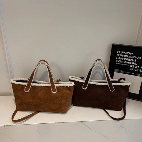 Vintage Suede Tote Bag With Faux Lamb Wool Patchwork Large Capacity Shoulder Crossbody Bag For Women Autumn Winter Casual