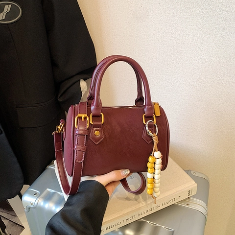 Bolso Boston Vintage para Mujer Bolso de Mano de Cuero PU Retro Con Colgante de Cuentas Bolso de Hombro para Compras Diarias