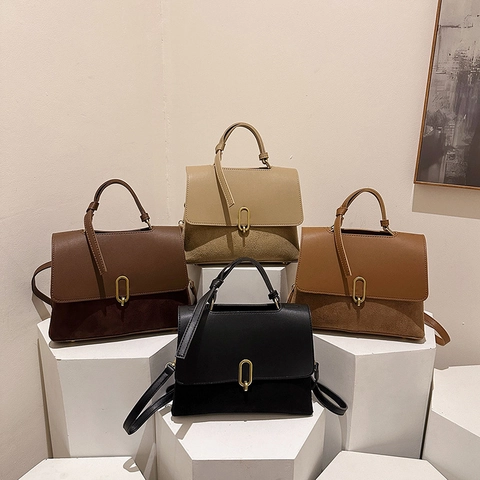 Retro Women Handbag PU Leather Suede Patchwork Structured Shoulder Crossbody Bag Golden Metal Buckle Top Handle Vintage