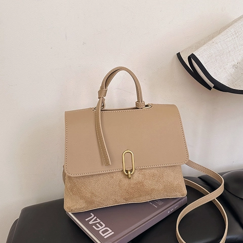 Retro Women Handbag PU Leather Suede Patchwork Structured Shoulder Crossbody Bag Golden Metal Buckle Top Handle Vintage