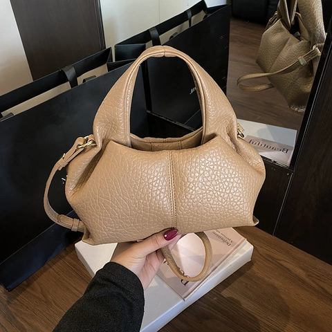 Women Fashion Lychee Pattern PU Leather Pleated Dumpling Handbag Retro Cloud Bag Adjustable Strap Daily Accessory