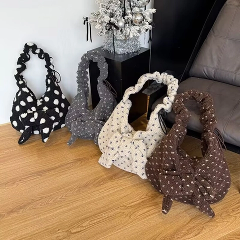Borsa A Spalla In Peluche Da Donna Lana D'Agnello Pois Borsa Sottocoda Grande Capacità Manico Arricciato Fiocco Inverno