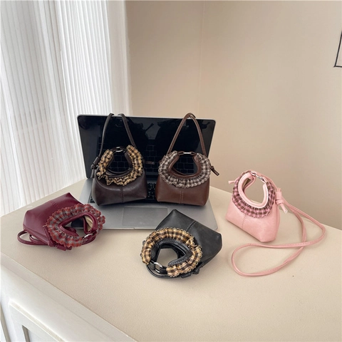 Mini Handbag For Women PU Leather Crossbody Bag With Checkered Ruffle Handle Sweet Retro Niche Design Small Square Bag