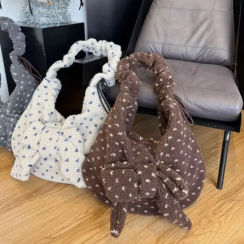 Borsa A Spalla In Peluche Da Donna Lana D'Agnello Pois Borsa Sottocoda Grande Capacità Manico Arricciato Fiocco Inverno