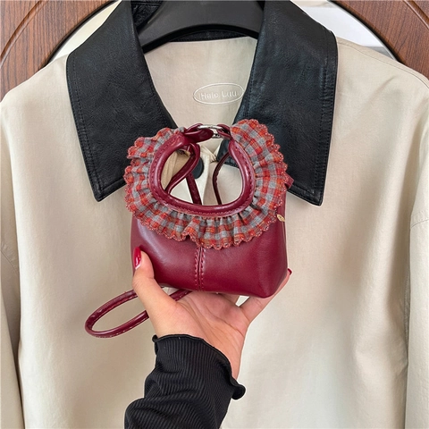 Mini Handbag For Women PU Leather Crossbody Bag With Checkered Ruffle Handle Sweet Retro Niche Design Small Square Bag
