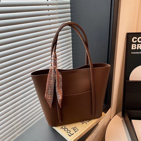 Fashion Women Tote Bag PU Leather Pebble Grain Large Capacity Daily Commute Handbag With Decorative Satin Scarf