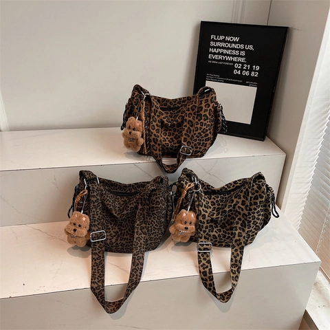 Leopard Print Canvas Crossbody Hobo Bag Large Capacity Adjustable Strap With Plush Bear Keychain For Women