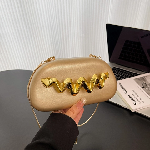 Bolso De Noche Para Mujer Con Decoración Metálica De Ondas Carcasa Rígida Correa De Cadena Desmontable Para Boda Fiesta