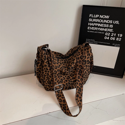 Leopard Print Canvas Crossbody Hobo Bag Large Capacity Adjustable Strap With Plush Bear Keychain For Women