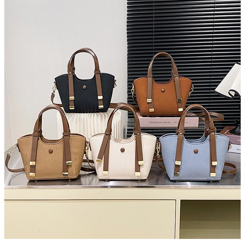 Bolso De Hombro Para Mujer Textura Tejida Cuero PU Retro Color De Contraste Bolso De Mano Bandolera Versátil
