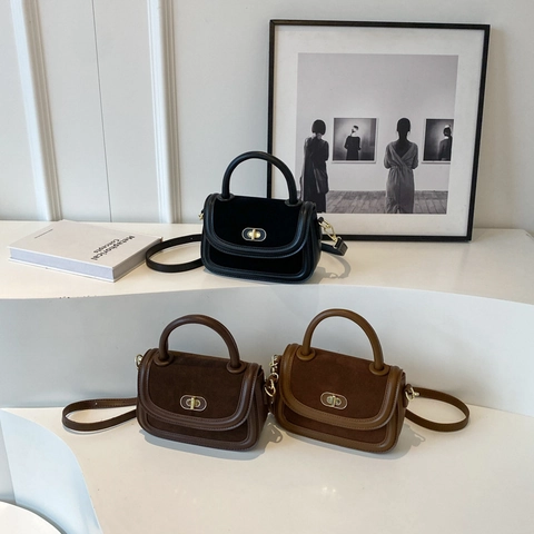 Retro Vintage Women Shoulder Bag PU Leather Suede Patchwork Gold Twist Lock Top Handle Adjustable Strap Crossbody Handbag
