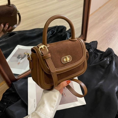 Retro Vintage Women Shoulder Bag PU Leather Suede Patchwork Gold Twist Lock Top Handle Adjustable Strap Crossbody Handbag