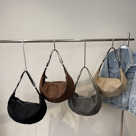 Damen Hobo Schultertasche Große Kapazität Wildleder Optik PU Leder Unterachseltasche Dumpling Bag Retro Minimalistisch