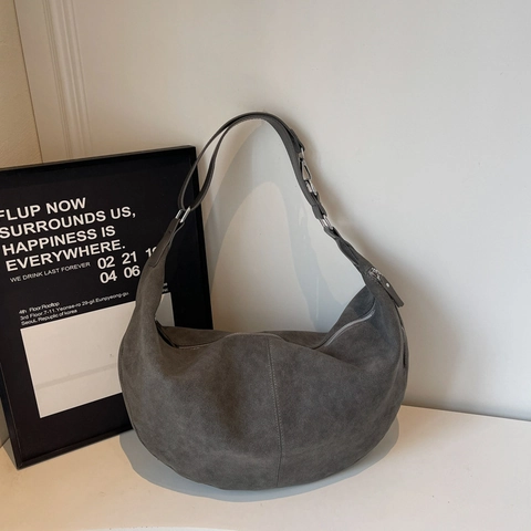 Damen Hobo Schultertasche Große Kapazität Wildleder Optik PU Leder Unterachseltasche Dumpling Bag Retro Minimalistisch
