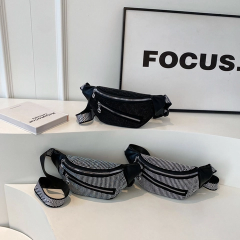 Strass Heuptasje Fanny Pack Glanzend Leer Borsttas Schoudertas Met Brede Verstelbare Chevron Riem Voor Dames