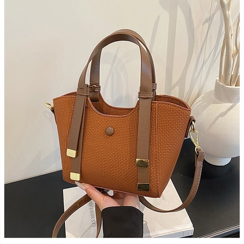 Bolso De Hombro Para Mujer Textura Tejida Cuero PU Retro Color De Contraste Bolso De Mano Bandolera Versátil