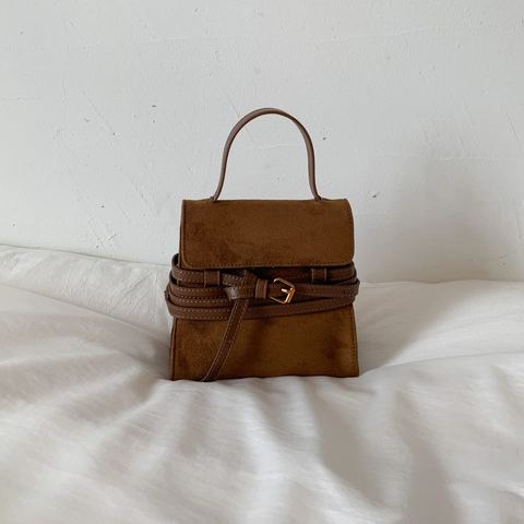 Retro Suede Texture PU Leather Handbag With Belt Buckle Crossbody Shoulder Bag For Women Vintage Minimalist Daily Style