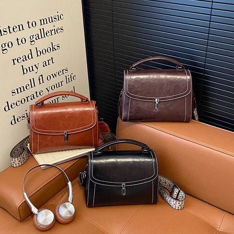 Women Retro Crossbody Bag PU Leather Wide Webbing Strap Contrast Stitching Vintage Square Handbag Shoulder Bag
