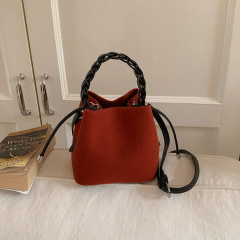 Bolso De Cubo Minimalista Para Mujer Material De PU Fieltro Mango Tejido Amuleto De Pompon Cordón Bolso De Hombro Retro