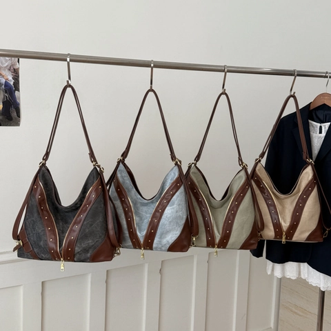 Borsa Hobo Vintage In Tela E Pelle PU Grande Capacità Borchie Decorative Cerniera A V Borsa A Spalla Da Donna Retro