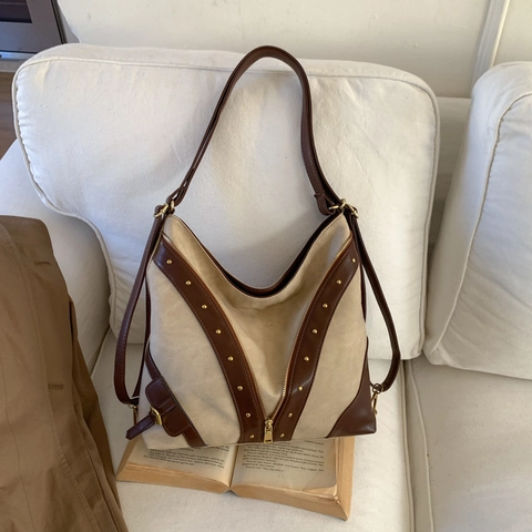 Borsa Hobo Vintage In Tela E Pelle PU Grande Capacità Borchie Decorative Cerniera A V Borsa A Spalla Da Donna Retro