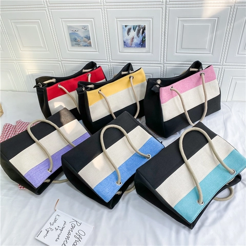 Sac Cabas En Toile Pour Femmes Grande Capacité Sac À Main Color Block Avec Poignée En Corde Tressée Sac À Épaule