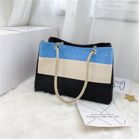Sac Cabas En Toile Pour Femmes Grande Capacité Sac À Main Color Block Avec Poignée En Corde Tressée Sac À Épaule