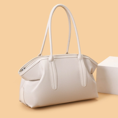 Vintage Litchi Grain PU Leather Shoulder Bag Large Capacity Solid Color Simple Commuter Tote Bag For Women