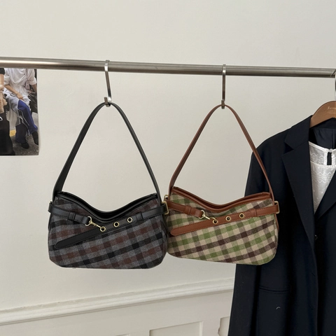 Borsa A Spalla Vintage A Quadri Tessuto Di Lana Cinturino In Pelle PU Stile Accademico Retro Borsa Sottobraccio Donna