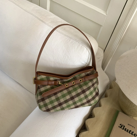 Borsa A Spalla Vintage A Quadri Tessuto Di Lana Cinturino In Pelle PU Stile Accademico Retro Borsa Sottobraccio Donna