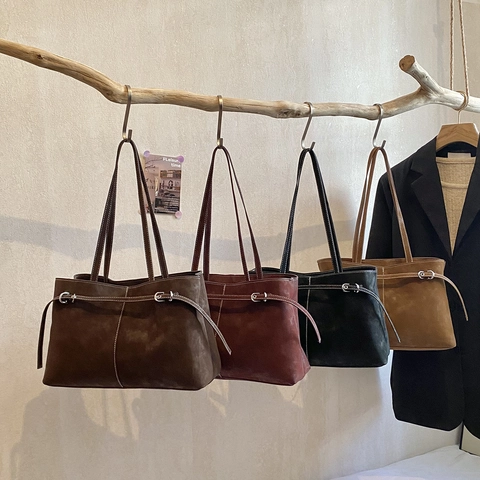 Retro Matte PU Leder Tote Bag Für Damen Große Kapazität Achseltasche Mit Kontrastnähten Und Gürtelschnalle Dekor