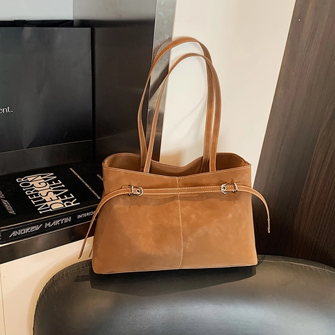 Retro Matte PU Leder Tote Bag Für Damen Große Kapazität Achseltasche Mit Kontrastnähten Und Gürtelschnalle Dekor