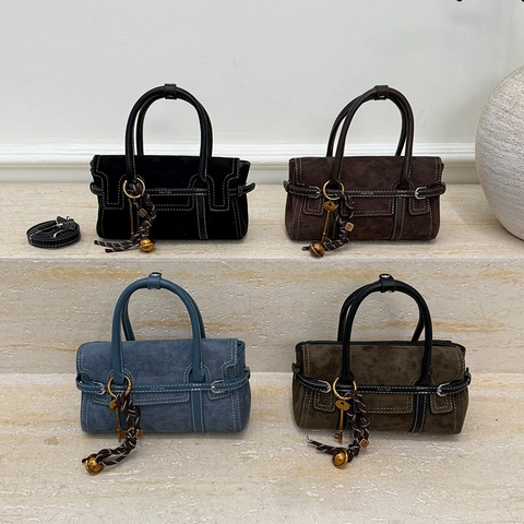Borsa a Mano da Donna Retro in Pelle PU Scamosciata Minimalista Cuciture a Contrasto Tracolla con Pendagli Piccola Borsa Quadrata