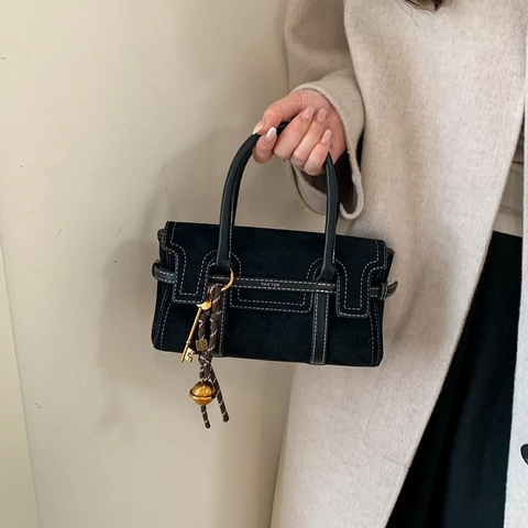 Borsa a Mano da Donna Retro in Pelle PU Scamosciata Minimalista Cuciture a Contrasto Tracolla con Pendagli Piccola Borsa Quadrata
