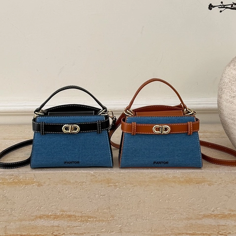 Retro Denim And PU Leather Crossbody Bag Contrast Color Trapezoid Handbag With Metal Twist Lock For Women Daily Commute
