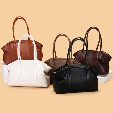 Vintage Litchi Grain PU Leather Shoulder Bag Large Capacity Solid Color Simple Commuter Tote Bag For Women