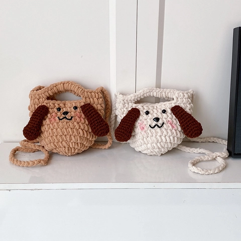 Bolso Bandolera Crochet Hecho a Mano Forma de Perro para Mujer Lindo Bolso de Hombro Pequeño Tejido de Hilo Animal Cachorro Mini Bolso Cuadrado