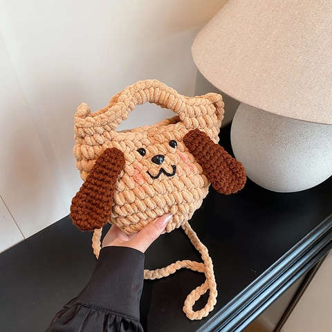 Bolso Bandolera Crochet Hecho a Mano Forma de Perro para Mujer Lindo Bolso de Hombro Pequeño Tejido de Hilo Animal Cachorro Mini Bolso Cuadrado