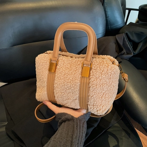 Plush Boston Handbag Faux Lamb Wool PU Leather Crossbody Bag Autumn Winter Retro Minimalist Top Handle