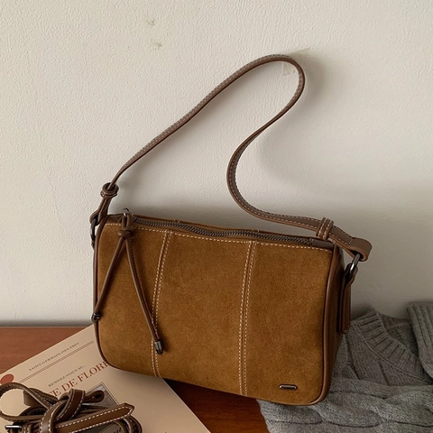 Borsa A Tracolla In Camoscio Vintage Da Donna Grande Capacità Cuciture A Contrasto Borsa Sottobraccio Minimalista Retro