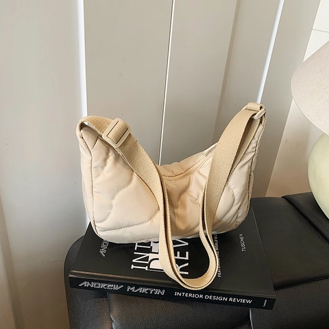 Bolso De Hombro Acolchado Para Mujer Gran Capacidad Nylon Acolchado Bolso De Media Luna Color Solido Bolso Hobo Casual