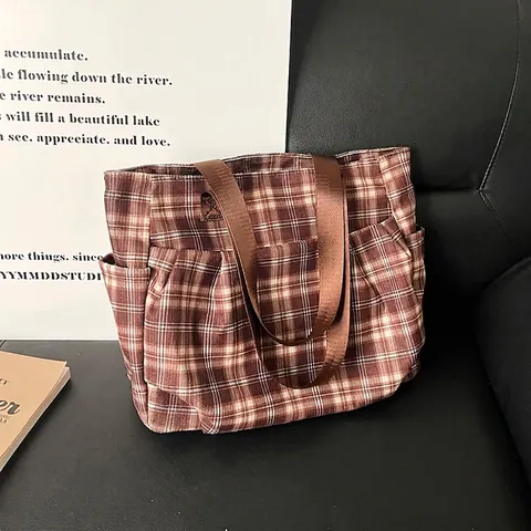 Borsa Tote In Tela A Quadretti Vintage Grande Capacità Multi Tasche Chiusura Con Cerniera Borsa A Tracolla Casual Per Donne