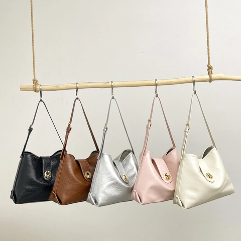 Women Shoulder Bag PU Leather Golden Metal Buckle Adjustable Strap Solid Color Minimalist Tote Handbag