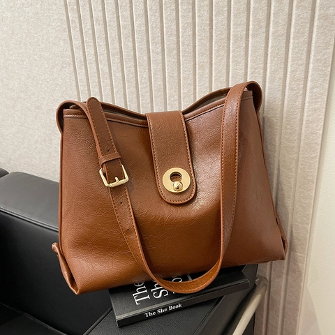 Women Shoulder Bag PU Leather Golden Metal Buckle Adjustable Strap Solid Color Minimalist Tote Handbag