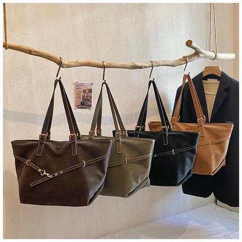 Sac Cabas de Grande Capacité en Cuir PU Mode Rétro pour Femmes Sac à Épaule pour Trajet Quotidien Avec Boucle de Ceinture