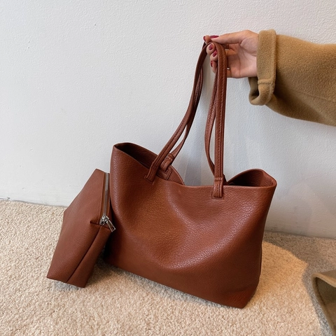 Women Tote Bag And Pouch PU Leather Lychee Pattern Large Capacity Vintage Casual Daily Commute Shoulder Handbag