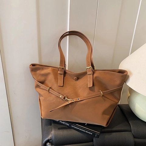 Sac Cabas de Grande Capacité en Cuir PU Mode Rétro pour Femmes Sac à Épaule pour Trajet Quotidien Avec Boucle de Ceinture