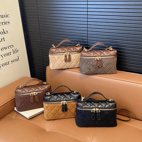 Quilted PU Leather And Suede Vanity Case Handbag Retro Box Shoulder Crossbody Bag For Women Adjustable Strap